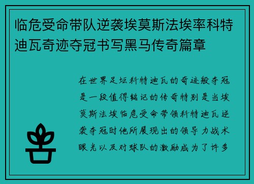 临危受命带队逆袭埃莫斯法埃率科特迪瓦奇迹夺冠书写黑马传奇篇章